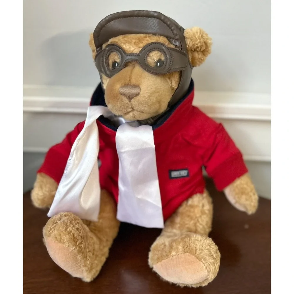 Lands End Aviator Teddy Bear Plush Red Jacket Pilot Hat Scarf Goggles Tan 13 in